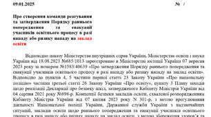 НАКАЗ створення команди реагування та затвердження Порядку раннього попередження та евакуації учасників освітнього процесу в разі нападу або ризику нападу на заклад освіти