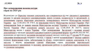Про затвердження номенклатури  справ на 2025 рік
