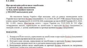 Про організацію роботи щодо запобігання  та протидії  булінгу (цькуванню)   та будь-яким проявам насилля у 2024/2025 навчальному році