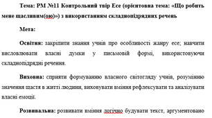 План-конспект "РМ №11 Контрольний твір Есе (орієнтовна тема: «Що робить мене щасливим(ою)») з використанням складнопідрядних речень"