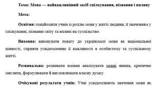 План-конспект "Мова — найважливіший засіб спілкування, пізнання і впливу"