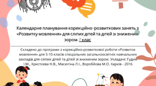 Календарне планування корекційно-розвиткових занять з «Розвитку мовлення» для сліпих дітей та дітей зі зниженим зором,  7 клас