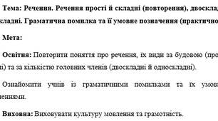 План-конспект "Речення. Речення прості й складні (повторення), двоскладні й односкладні. Граматична помилка та її умовне позначення (практично)."