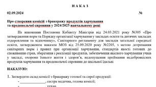 Про створення комісій з бракеражу продуктів харчування  та продовольчої сировини у 2024/2025 навчальному році