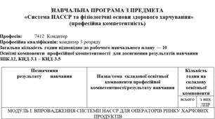 Навчальна програма та поурочно-тематичний план з предмета «Система НАССР та фізіологічні основи здорового харчування» з професії КОНДИТЕР 3-го розряду