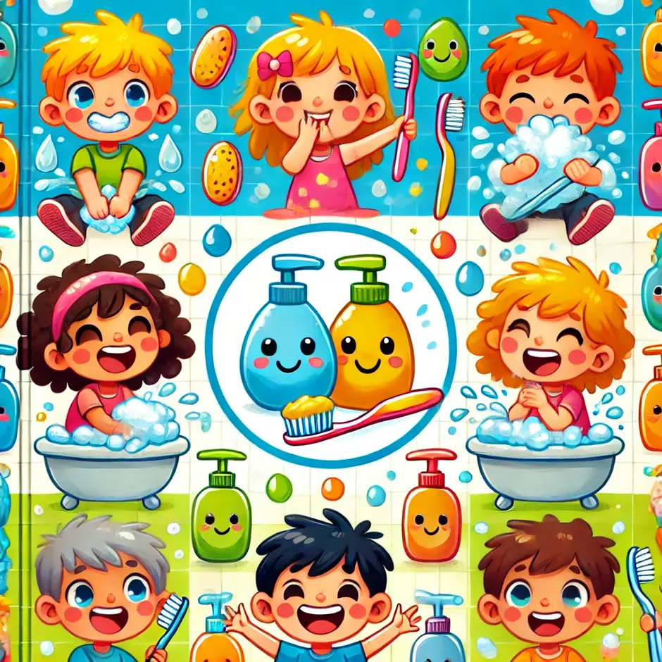 A colorful and engaging cover page for a hygiene guide for preschool children. The cover should feature happy, cartoon-style children washing their hands, brushing teeth, and maintaining cleanliness. Include cheerful illustrations of soap, toothbrushes, and water droplets. The background should be bright and inviting, with a playful and friendly design. No text or title should be included.