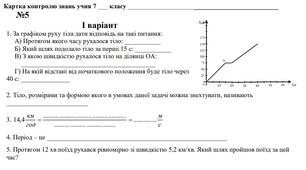 Картка контролю знань учнів з розділу "Механічний рух" (Варіант №5)