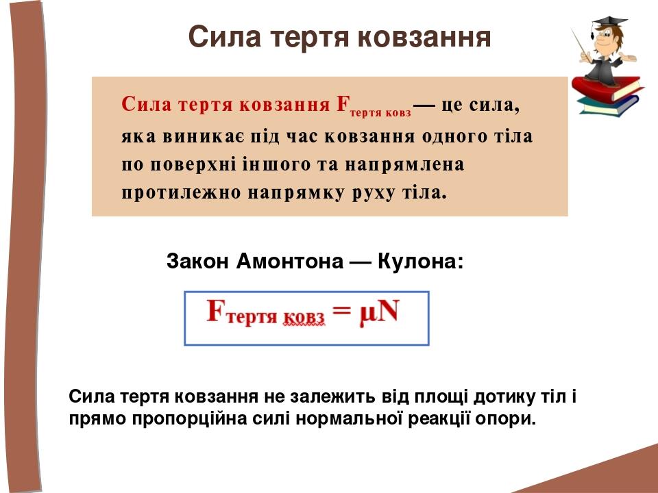 Сила тертя ковзання Сила тертя ковзання Fтертя ковз — це сила, яка виникає під час ковзання одного тіла по поверхні іншого та напрямлена протилежно...