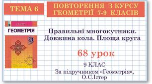 9 клас. Геометрія. Урок №68. Повторення.  Правильні многокутники. Довжина кола. Площа круга
