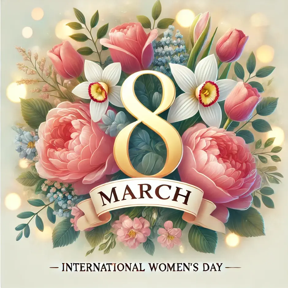 A beautiful digital illustration celebrating International Women's Day on March 8th. The image features a floral arrangement with roses, tulips, and lilies in soft pastel colors. In the center, there is an elegant golden number '8' with the words 'March 8 - International Women's Day' written in stylish cursive. The background is light and airy with soft bokeh lights, giving it a festive and joyful feel.