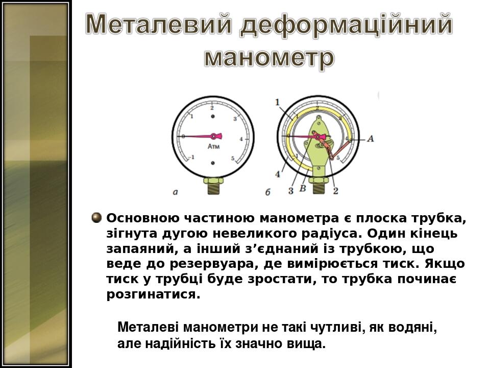 Основною частиною манометра є плоска трубка, зігнута дугою невеликого радіуса. Один кінець запаяний, а інший з’єднаний із трубкою, що веде до резер...