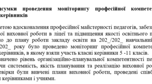 Наказ Про підсумки проведення моніторингу професійної компетентності класних керівників