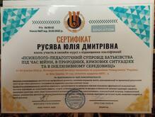  Сертифікат "Психолого-педагогічний супровід батьківства під час війни, в природних, кризових ситуаціях та інклюзивному середовищі"