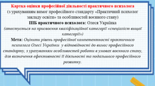Картка оцінки професійної діяльності практичного психолога  (з урахуванням вимог професійного стандарту «Практичний психолог закладу освіти» та особливостей воєнного стану)