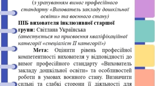 Картка оцінки професійної діяльності вихователя (з урахуванням вимог професійного стандарту «Вихователь закладу дошкільної освіти» та воєнного стану)