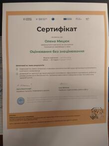  Сертифікат про навчання за програмою підвищення кваліфікації з теми "Оцінювання без знецінювання".