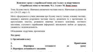 Конспект уроку з української мови "Будова тексту. Навчаюсь визначати частини тексту. Навчальне аудіювання" / Вашуленко; НУШ-1