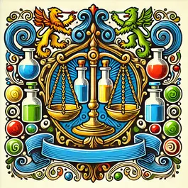 A detailed heraldic emblem (coat of arms) for an apothecary, featuring traditional elements such as scales, glass flasks, and bottles. The design incorporates vibrant colors: blue, yellow, green, and red. The background is ornate, with medieval-style flourishes. The scales symbolize balance and precision, while the flasks and bottles represent pharmaceutical science. The emblem has a classic European heraldic shield shape, with an elegant ribbon or banner below.