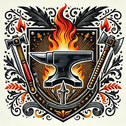 A detailed heraldic emblem (coat of arms) for a blacksmith, featuring traditional symbols such as an anvil, hammer, flames, and weapons (like swords or axes). The design includes bold colors: black, red, yellow, and orange. The emblem has a classic European shield shape with medieval styling, accented with fire motifs and metallic textures. An ornamental banner or ribbon may be included below.