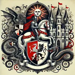 A majestic heraldic emblem (coat of arms) for a feudal lord, featuring a knight in armor, a horse, a serpent (dragon-like), the sun, and a castle. The color scheme includes red, black, white, gray, and blue. The emblem is in a medieval European style, with an ornate shield shape and detailed flourishes. The scene evokes nobility, strength, and ancient power, with elements of fantasy and medieval chivalry. A decorative banner may appear below the shield.