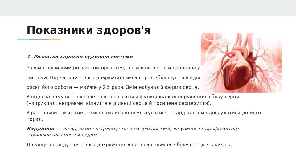 Показники здоров'я 1. Розвиток серцево-судинної системи Разом із фізичним розвитком організму посилено росте й серцево-судинна система. Під час ста...