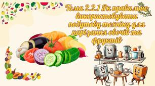 Модуль. Культура споживання їжі  Тема 2.2. Як дбати про власний і спільний добробут у побуті  Міні-проєкт: Приготування салатів.Тема 2.2.1 Як правильно використовувати побутову техніку для нарізання овочів та фруктів