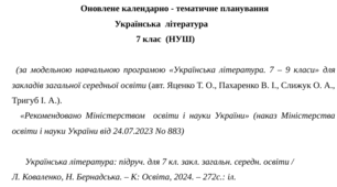Оновлене календарно-тематичне планування з української літератури з групами результатів (ГР 1, ГР 2, ГР 3, ГР 4) для 7 класу НУШ на рік до підручника Коваленко Л.