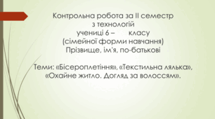 Підсумкова контрольна робота з технологій за ІІ семестр 6 клас (обслуговуючі види праці)