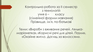 Підсумкова контрольна робота з технологій за ІІ семестр 6 клас (технічні види праці або змішані класи))
