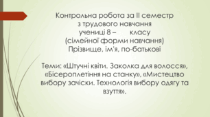 Підсумкова контрольна робота з трудового навчання за ІІ семестр 8 клас (обслуговуючі види праці)