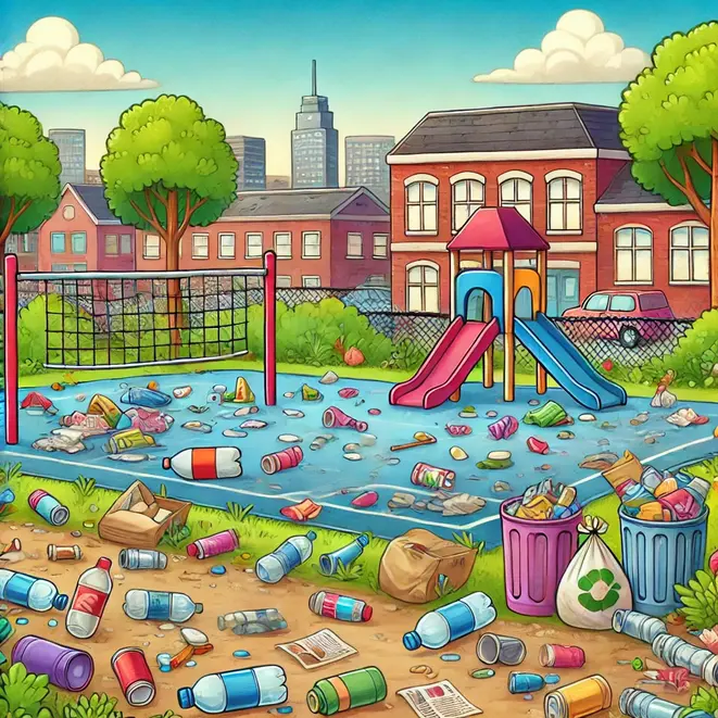A colorful illustration for children showing a dirty schoolyard. The scene includes a playground covered with litter such as glass bottles, plastic wrappers, bags, paper, and tin cans. The background shows a school building and a few sad-looking trees. The image should be child-friendly, educational, and slightly exaggerated to highlight the pollution problem.