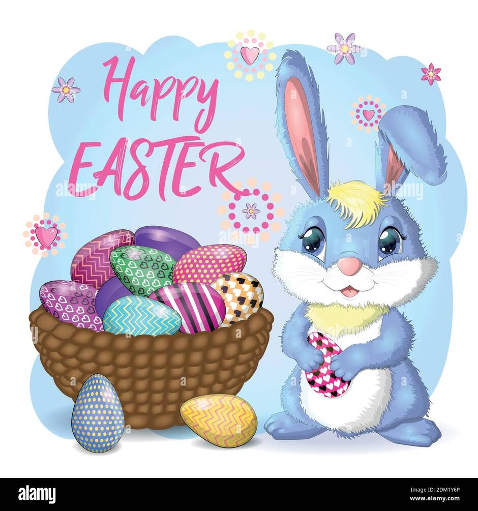 Easter bunny rabbit cartoon character with basket full of painted Easter eggs Stock Vector Image & Art - Alamy