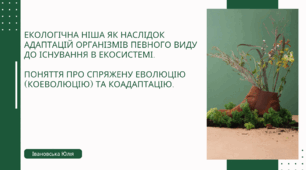 Екологічна ніша як наслідок адаптацій організмів певного виду до існування в екосистемі. Поняття про спряжену еволюцію (коеволюцію) та коадаптацію.