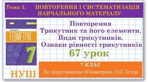 7 клас. Геометрія(НУШ). Урок№67. Повторення. Трикутник та його елементи. Види трикутників. Ознаки рівності трикутників