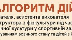 Алгоритм дій вихователя, асистента вихователя та інструктора з фізкультури під час заняття з фізичної культури у спортивній залі (з урахуванням воєнного стану та дітей з ООП)