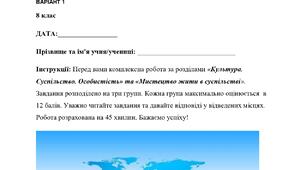 Комплексна підсумкова робота за ГР  за Розділом І. Культура. Суспільство. Особистість і Розділом ІІ. Мистецтво жити в суспільстві 8 клас НУШ Громадянська освіта