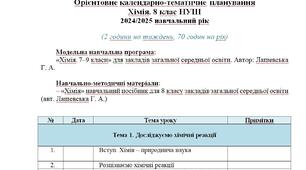 Орієнтовне календарно-тематичне планування ХІМІЯ 8 КЛАС НУШ (до підручника Лашевська Г. А.)