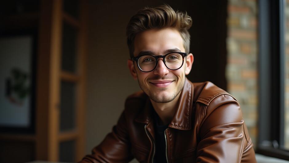 Capture a candid photo of a young man, likely in his early twenties, wearing a pair of glasses perched on the bridge of his nose, which slightly magnify his bright, inquisitive eyes. He dons a worn, dark brown leather jacket that fits snugly around his slender torso, the sleeves slightly rumpled from frequent wear. The jacket's rich, earthy tone complements the warm, golden hues of his skin. His facial features are defined, with a sharp jawline, high cheekbones, and a small nose. A hint of a smile plays on his lips, suggesting a quiet confidence. The background is blurred, drawing attention to the subject's relaxed, natural pose, as if caught in a moment of introspection. The overall atmosphere is understated, with earthy tones and soft lighting evoking a sense of cozy, laid-back sophistication.