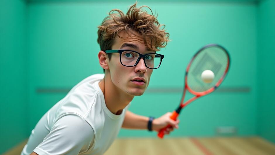 A young adult male with a slender build and short, messy brown hair wears a pair of rectangular-framed glasses perched on the end of his nose, his bright blue eyes fixed intently on the squash court in front of him, his eyebrows slightly furrowed in concentration, a few beads of sweat trickling down his forehead as he grips his squash racket with a firm, athletic hand, the court's pale green walls and floor a crisp backdrop to his dynamic movement, the racket's metallic sheen catching the light as he prepares to strike the small, speeding ball, his white athletic shirt clinging to his torso, a splash of bright orange on his shoes adding a pop of color to the scene, the overall atmosphere tense with anticipation and friendly competition.