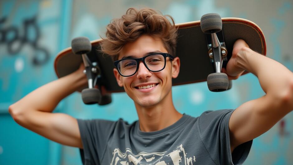 A casual, relatable photograph of a young adult male, likely in his early twenties, wearing a pair of trendy, rectangular-framed glasses perched on the bridge of his nose, with a relaxed expression and a hint of a smile, his eyes cast downward as he stands confidently with his skateboard vertically positioned on his shoulders, the trucks and wheels visible, his hands grasping the board's grip tape, showcasing his enthusiasm for the sport, set against a blurred, urban background with subtle hints of graffiti or city textures, the overall atmosphere exuding a carefree, youthful vibe, with the skateboarder's outfit comprising a pair of distressed denim jeans, scuffed sneakers, and a faded graphic t-shirt, his skin tone being a healthy, sun-kissed complexion.