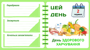 Рубрика "ЦЕЙ ДЕНЬ". 2 червня - День ЗДОРОВОГО ХАРЧУВАННЯ