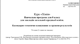 Хімія 8 клас, НУШ (навчальна програма+календарно-тематичне планування)