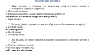 Рівні підтримки. Тестові питання з ключовими варіантами відповідей на тему організації інклюзивного навчання.