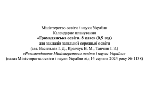 Календарне планування Громадянська освіта 8 кл.  (авт. Васильків І. Д., Кравчук В. М., Танчин І. З.)