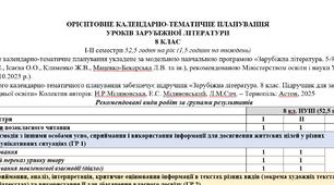 КТП з ГР із зарубіжної літератури 8 клас НУШ (52,5 год.) до підручника Міляновської Н.