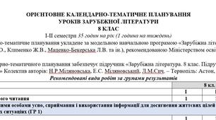 КТП з ГР із зарубіжної літератури 8 клас НУШ (35 год.) до підручника Міляновської Н.