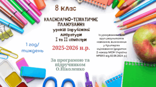 КАЛЕНДАРНО-ТЕМАТИЧНЕ ПЛАНУВАННЯ уроків зарубіжної літератури у 8 класі на 2025-2026 н.р. (за модельною програмою О.Ніколенко, 1 год)