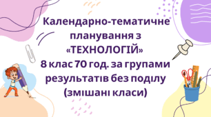 Календарно-тематичне планування з «ТЕХНОЛОГІЙ» 8 клас 70 год. за групами результатів без поділу (змішані класи)