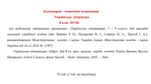 Календарно-тематичне планування з української літератури з групами результатів (ГР 1, ГР 2, ГР 3, ГР 4) для 8 класу НУШ на рік (Яценко Т.) 70 год. (2 год. на тиждень)