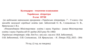 Календарно-тематичне планування з української літератури з групами результатів (ГР 1, ГР 2, ГР 3, ГР 4) для 8 класу НУШ на рік (Заболотний  О. В.) 70 год. (2 год. на тиждень)